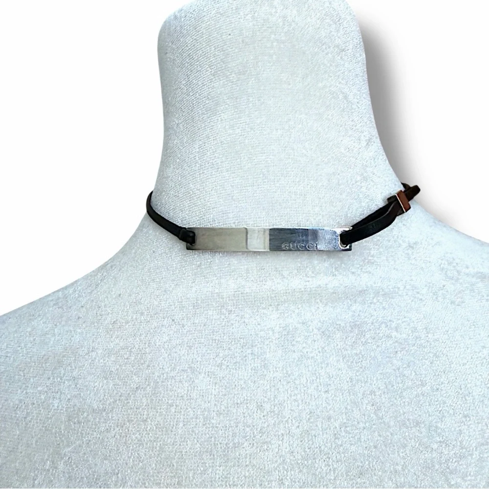 Authentic Y2K Gucci Sterling & Leather Silver Logo Bar Choker Wrap Bracelet